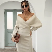 sexy v neck backless knit sweater dresses women skinny two piece package hip midi dress long sleeve solid all match autumn 2021