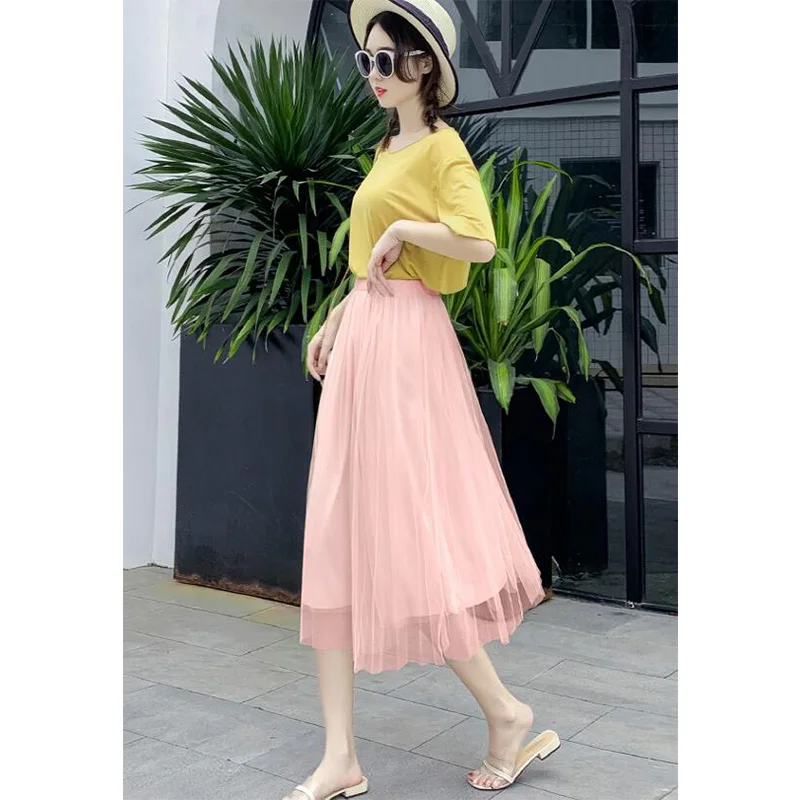

Fashion Tulle Velvet Skirt Women 2020 Summer Elegant Long Maxi Skirt Female High Waist Pleated Girls Skirt Pink BB059
