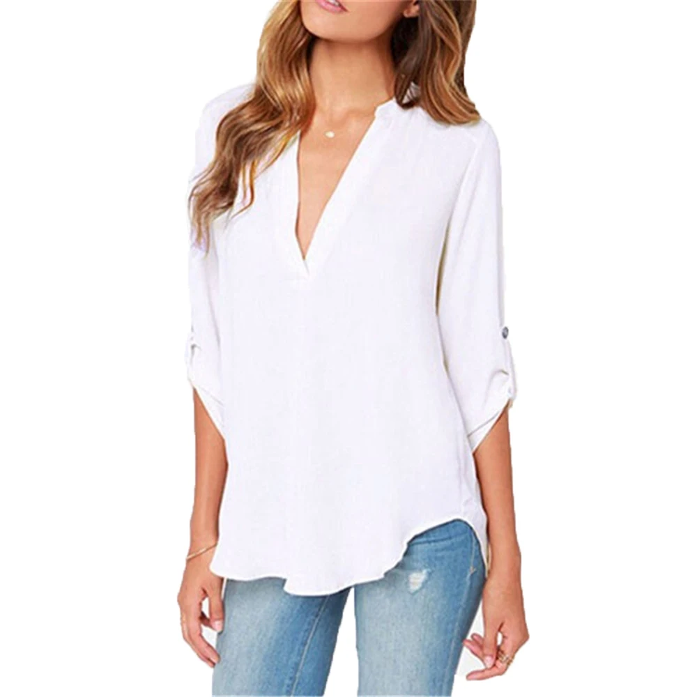 

Blusas Femininas New Women V-Neck Solid Chiffon Blouse Tops Sexy Fashion OL Long Sleeve Shirt Blouses 6 Colors