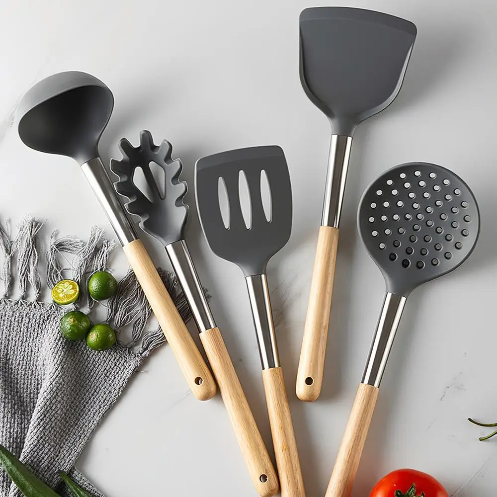 

Kitchen Cooking Utensils Set 5Pcs Silicone Non-stick Barreled Cooking Utensils Wooden Handle Silica Gel Utensil Kitchenware Set
