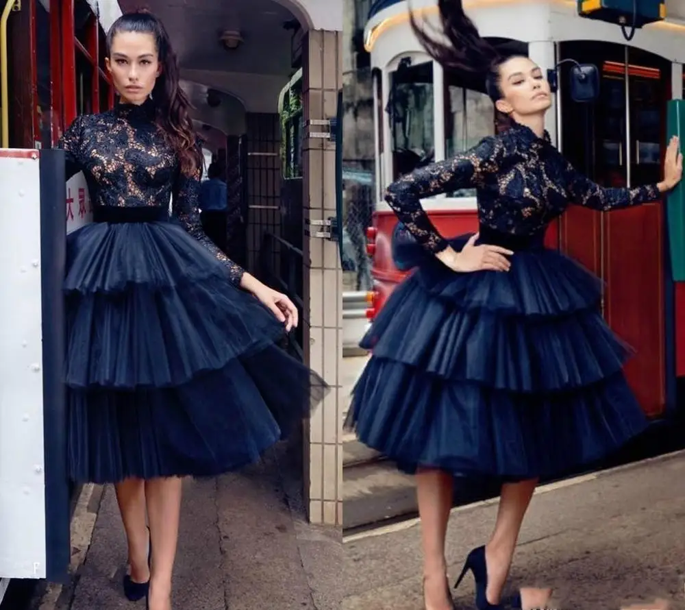 

2020 Black Lace Arabic Gothic Short Cocktail Dresses High Neck Long Sleeves Holiday Club Homecoming Party Dress Plus Size