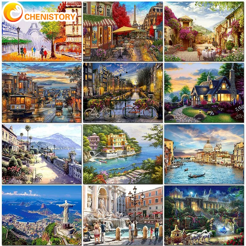 

CHENISTORY DIY Framed Oil Paint By Number 40x50cm City Landscape Picture Canvas Painting Wall Art Home Decor Coloring By Numbers