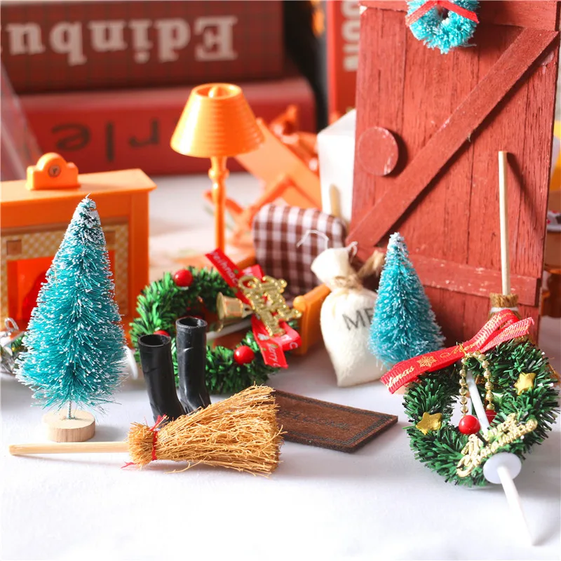 

5 Piece Set For Christmas With 1/6 1/12 Dollhouse Baby Tools Boots Tree Wreath Pine Santa Carpet Broom Miniature Accessories
