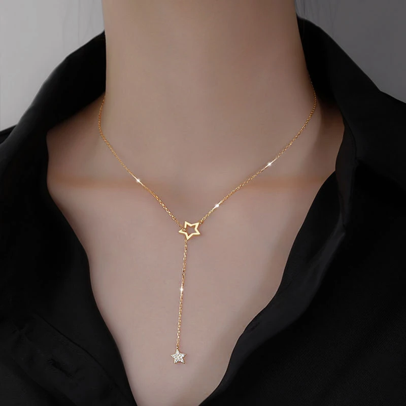 

Sterling Silver Necklace Women Design Accessories Five-Pointed Star Tassel Clavicle Chain Simple Temperament Party Jewelry
