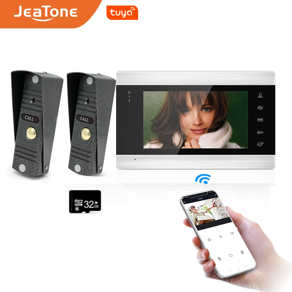 

Jeatone Wifi Tuya 7 дюймов видео домофон с 2 шт 720P дверной звонок Система контроля доступа с дистанционным разблокированием, запись движения