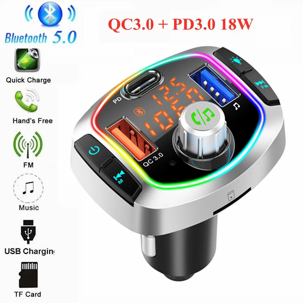 

LED Backlit Bluetooth FM Transmitter Car MP3 TF/U Disk Player Handsfree Car Kit Adapter Dual USB-C QC 3.0+PD3.0 18W Fast Charger