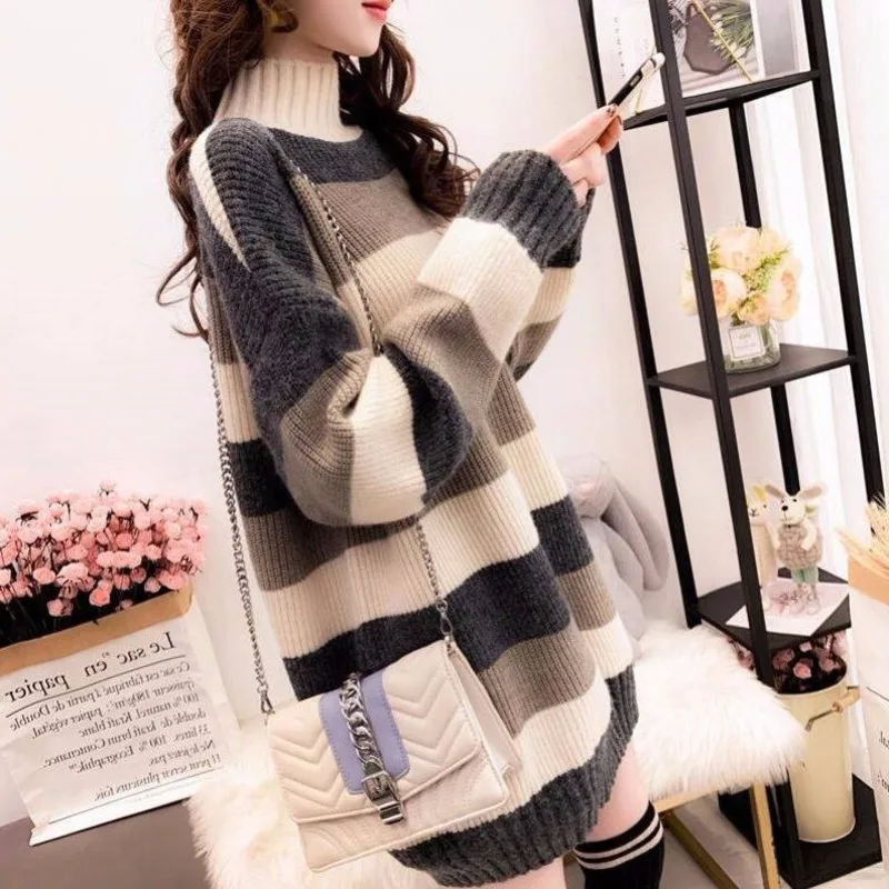 

Осенне-зимний длинный свитер #6635, Женский вязаный свитер в полоску, Женская водолазка свободного кроя, хлопковая корейская модная верхняя о...