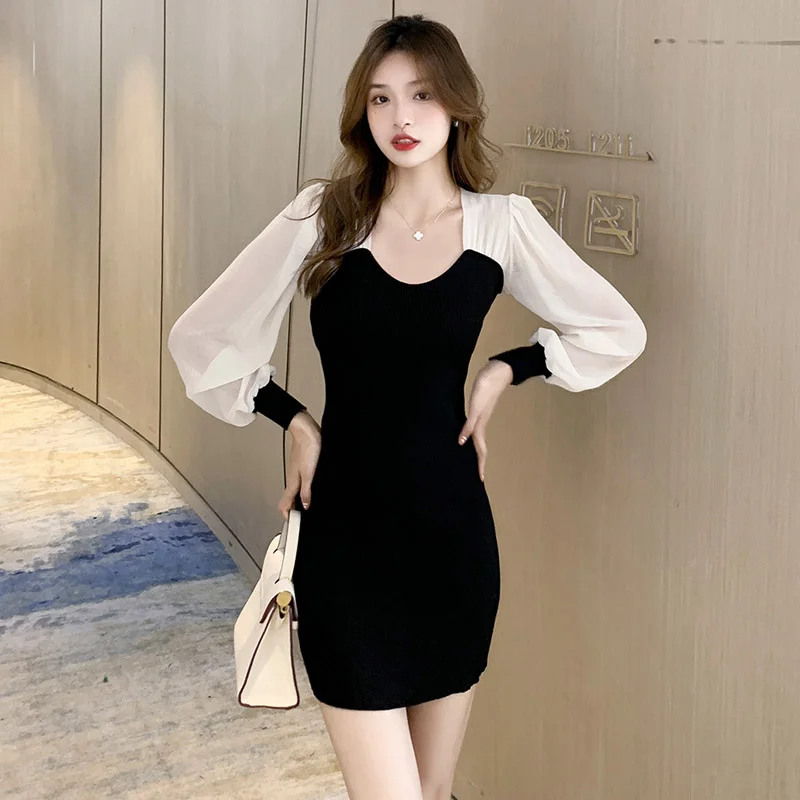 

Шикарное женское базовое облегающее платье-свитер во французском стиле средней длины с длинным рукавом шифоновое вязаное осенне-зимнее пл...