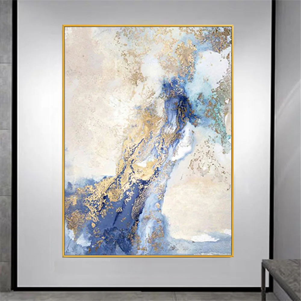 

Hand-painted modern oil painting abstract golden aluminum foil art gold blue canvas painting home decoration living room mural