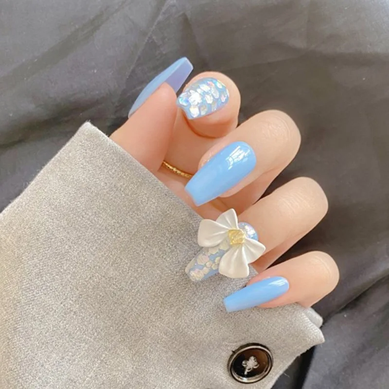 

24pcs White Bow Nail Patch Glue Type Removable Long Paragraph Manicure Save Time Blue False Nail Patch False Nails