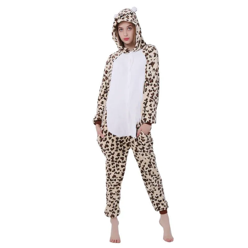 New Adults Animal Pajamas Cartoon Sleepwear Leopard Bear Pajamas Sets Anime Kigurumi Women Men Warm Flannel Hooded