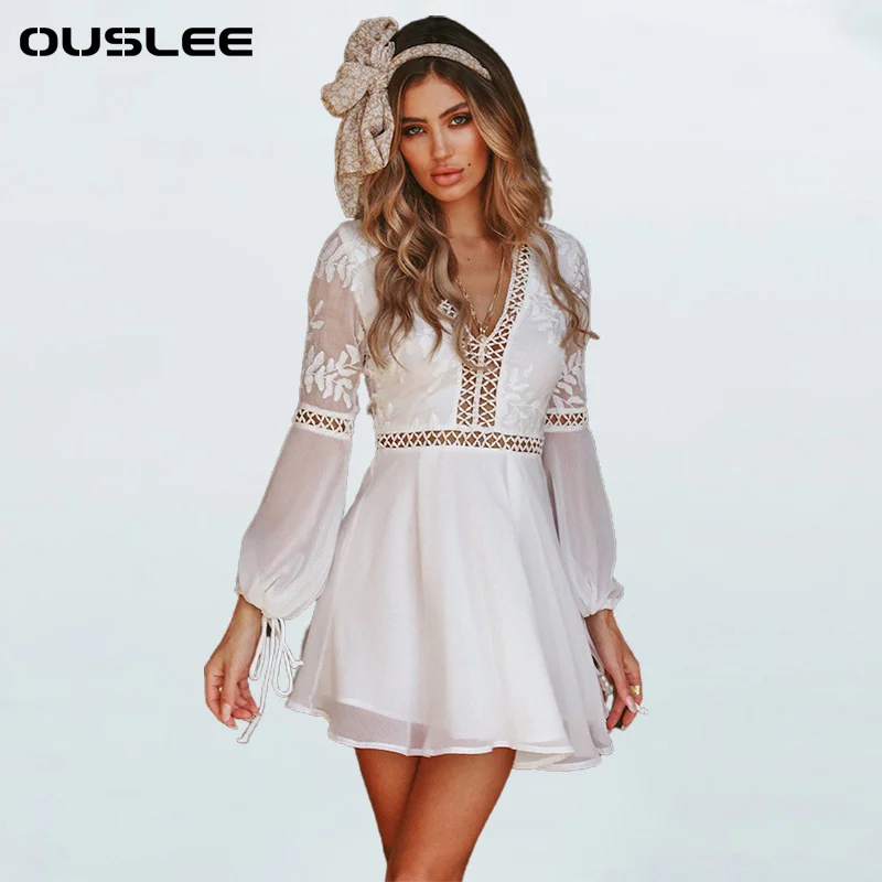 

OUSLEE Summer Cotton White Dresses Women Sexy V-neck Hollow Outs Mini Dress Female Long Sleeves Casual Boho Style Beach Sundress