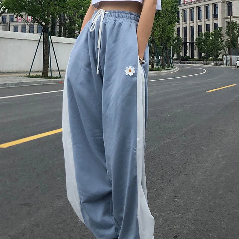 

White Blue Contrast Loose Jogging Pants Women High Waist Drawstring Trousers Casual Pants Female Korean Streetwear Pants