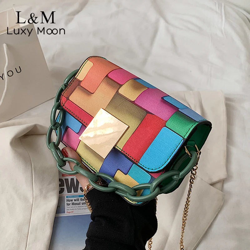

2021 Shoulder Bag For Women Contrast Color Chain Designer Handbag And Purse Fashion Colorful Leather Small Crossbody Bag X414H
