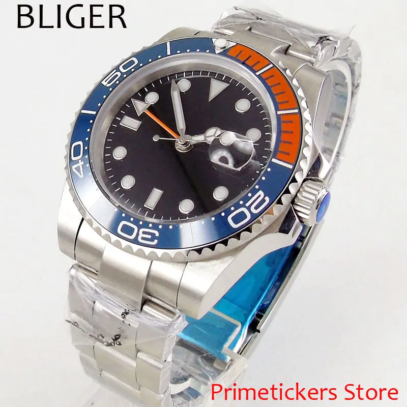 

Мужские часы с сине-красным безелем 40 мм, стерильный черный циферблат GMT, сапфировое стекло, автоматический механизм, дата