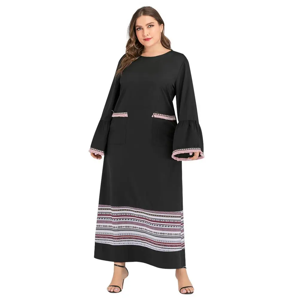 Полосатая нашивка в мусульманском стиле Abaya повседневное черное платье кафтан с