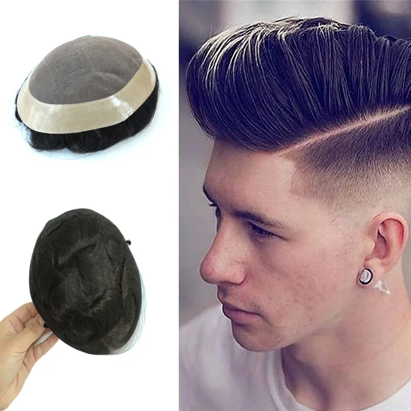 6 Inch Natural Cutestyle Hair Piece Men Mono+PU Base Toupee for Men Men's Hair Pieces Replacement System Human Hair Mens Wig