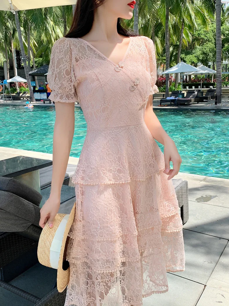 

2020 Summer New V-neck Lace Bow Sweet Princess Dress Women Elegant Short Sleeve Pink Mid-length Dress Vestidos Mujer