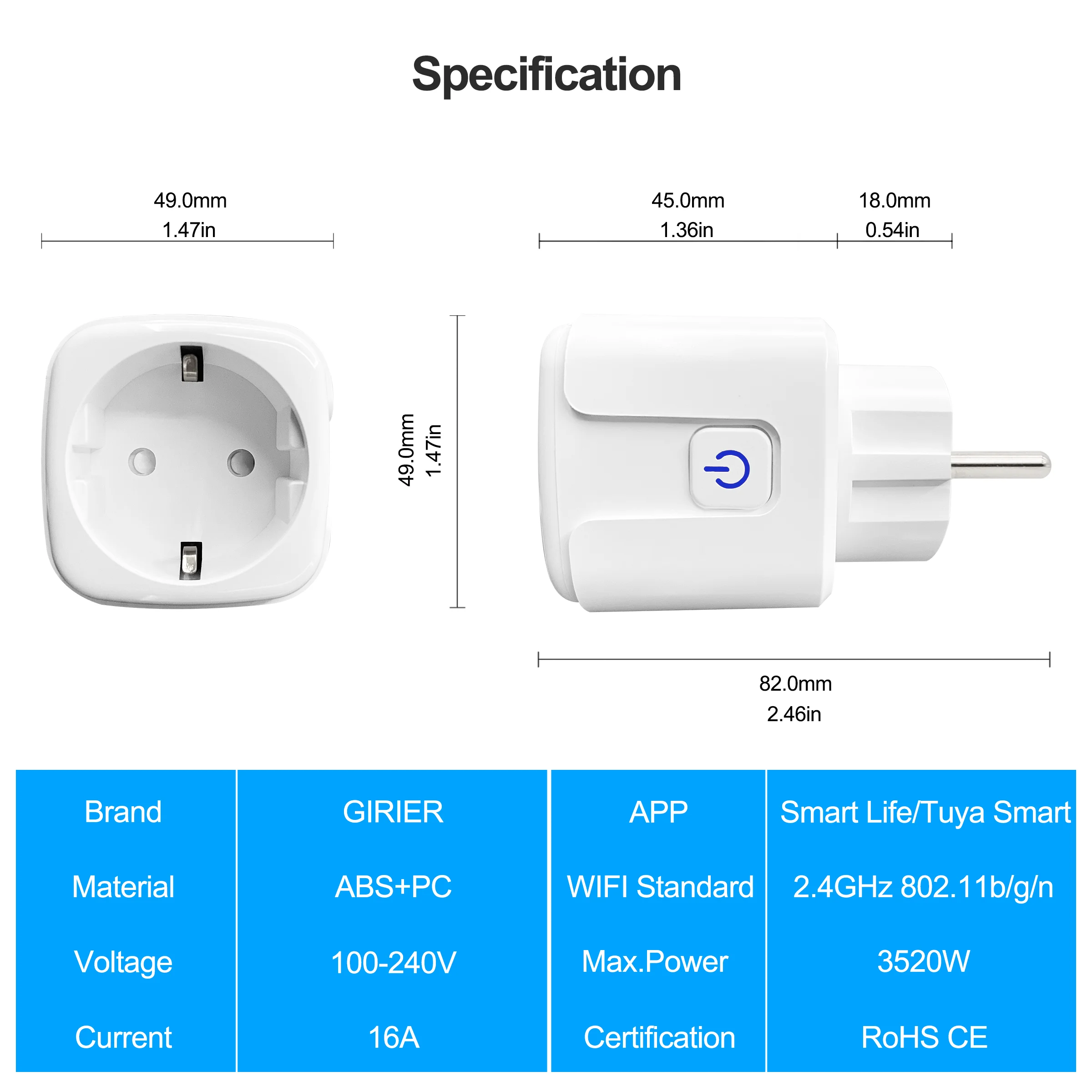 

MOL 2PCS 16A Tuya Wifi EU Smart Plug with Power Monitor Smart Home Wireless Socket Outlet Works with Alexa Google Home