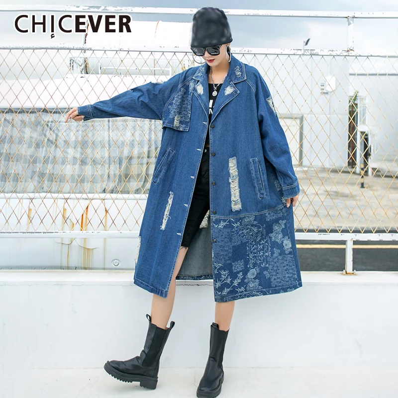 

CHICEVER, уличная одежда, джинсовые куртки для женщин, с отворотом, свободные, с длинным рукавом, в стиле пэчворк, с карманами, пальто с отверстия...
