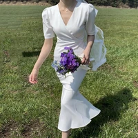 2020 korean chic summer elegant vintage v neck short sleeve trumpetmermaid dress female high waist short sleeve dress female