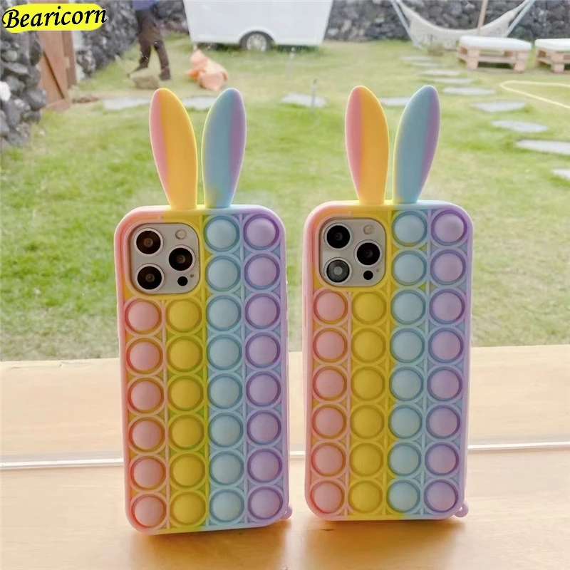 fidget toys pop push bubble silicone beans case for samsung galaxy a32 4g a52 a72 a12 m12 f12 cartoon bunny rabbit rainbow cover free global shipping