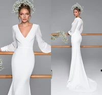 2021 vintage cheap wedding reception dresses v neck satin with long sleeves ruched vestidos de novia mermaid bridal gowns