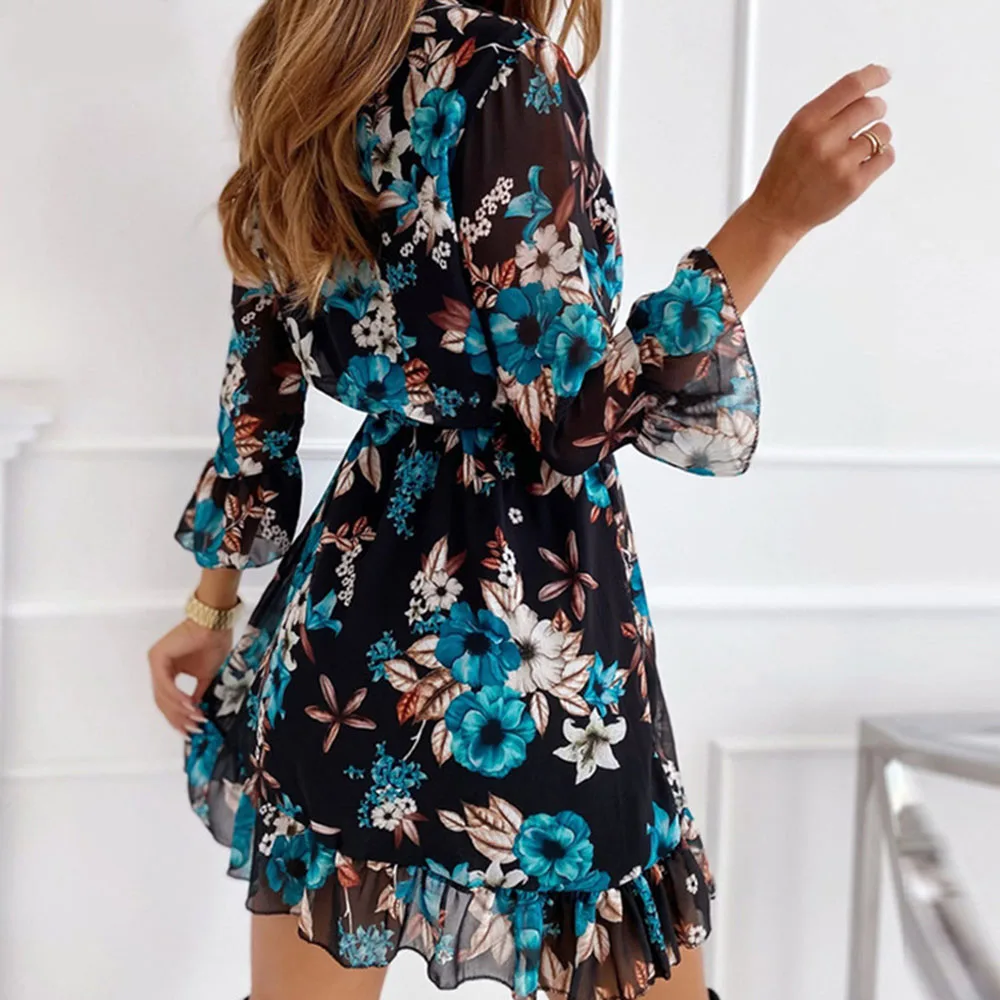 

Summer For Women's Fashion Print Ruffled Dresses Sexy Deep V Neck Lace Up Horn Sleeve Chiffon Dress 2021 Ladies Beach Sundress