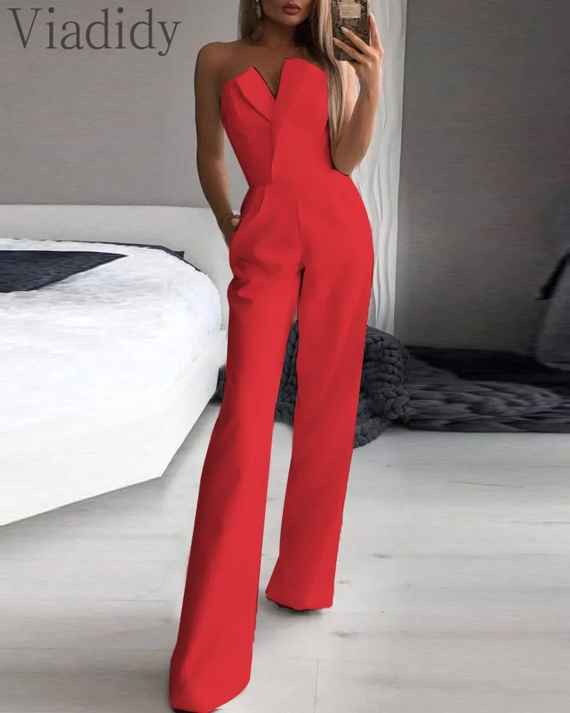 

Red Straight Leg Pocket Detail Sleeveless Tube Jumpsuit