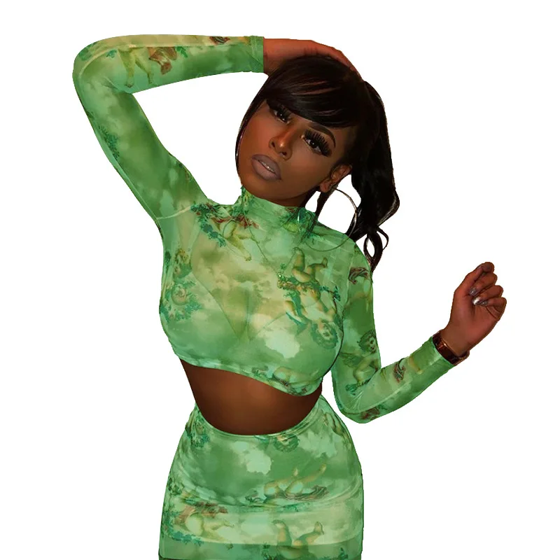 

9571 AliExpress Popular Women's 2019 Set European and American Printed Perspective Voile Two-Piece Nightclub Skirt