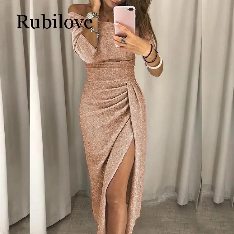 Rubilove, Сексуальные вечерние платья с открытыми плечами, женское облегающее платье с высоким разрезом, Осеннее яркое шелковое блестящее платье с рукавом три четверти
