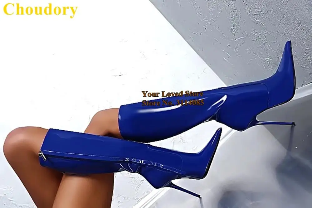 Зеленые Синие лакированные кожаные сапоги Choudory с острым носком на шпильке молнии