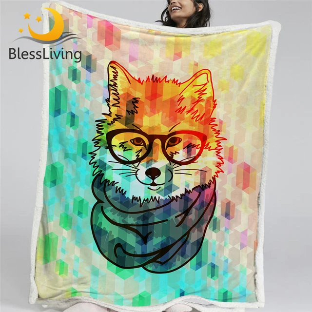 BlessLiving Hipster Fox Throw Blanket Geometric Fashion Plush Bedspread Wildlife Bed Blanket Colorful Animal Soft Fluffy Blanket 1