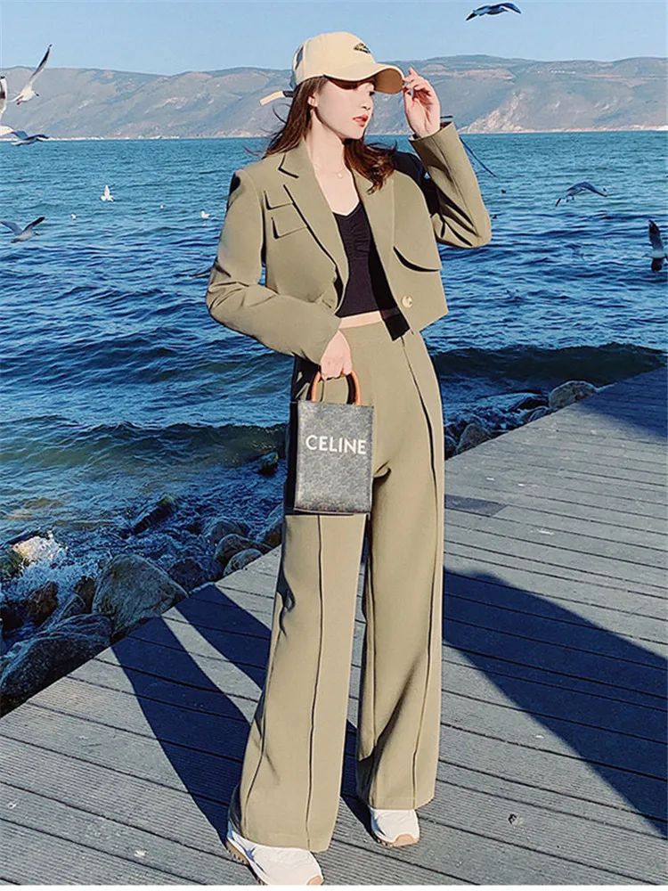 

Conjuntos de trajes de dos piezas para mujer, Blazer coreano elegante, chaqueta, abrigo, pantalones de pierna ancha de cintura