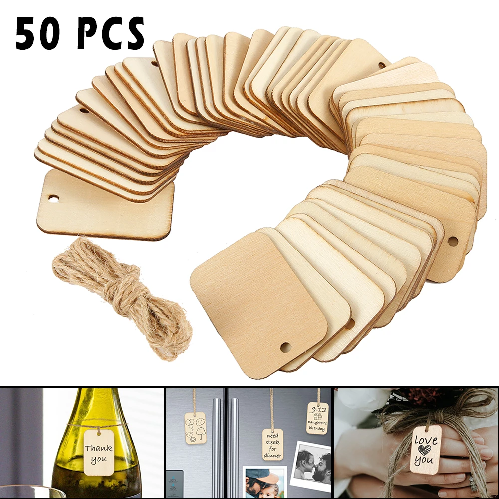 

50pcs Wooden Label Nature Wood Slice Gift Tags Blank Rectangle Wooden Hanging Tags Label With Hemp Ropes for Wedding Party Xmas