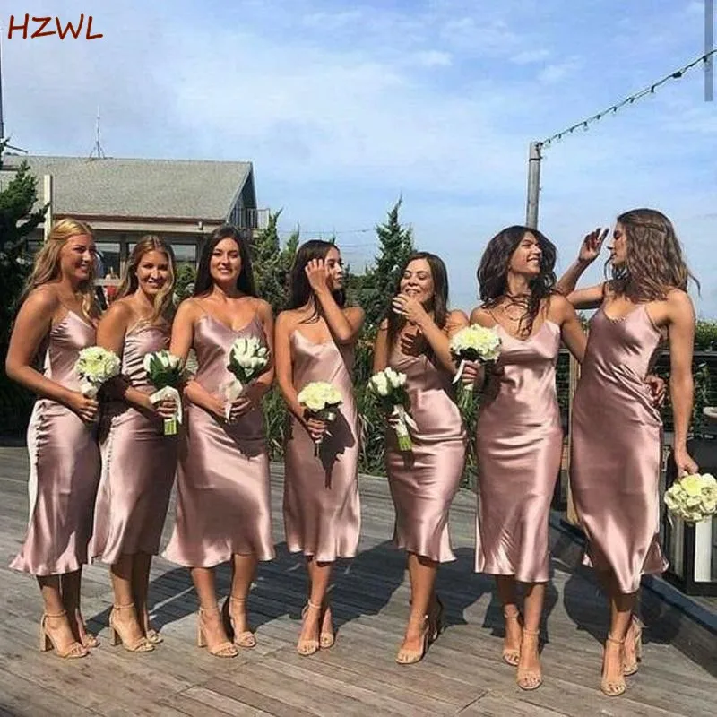 

Sexy Tea Length Bridesmaid Dresses 2021 Spaghetti Straps Sleeveless Fit Wedding Party Guest Dress Maid of Honor Gowns