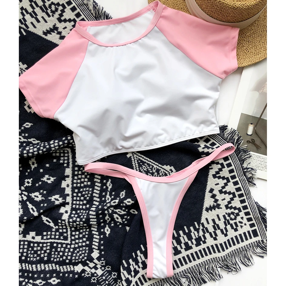 

Sexy Sport Short Sleeve Bikini 2021 Woman Swimsuit Female Swimwear Bather Bathing Suit Mini Thong Bikinis Set Swimming for Women