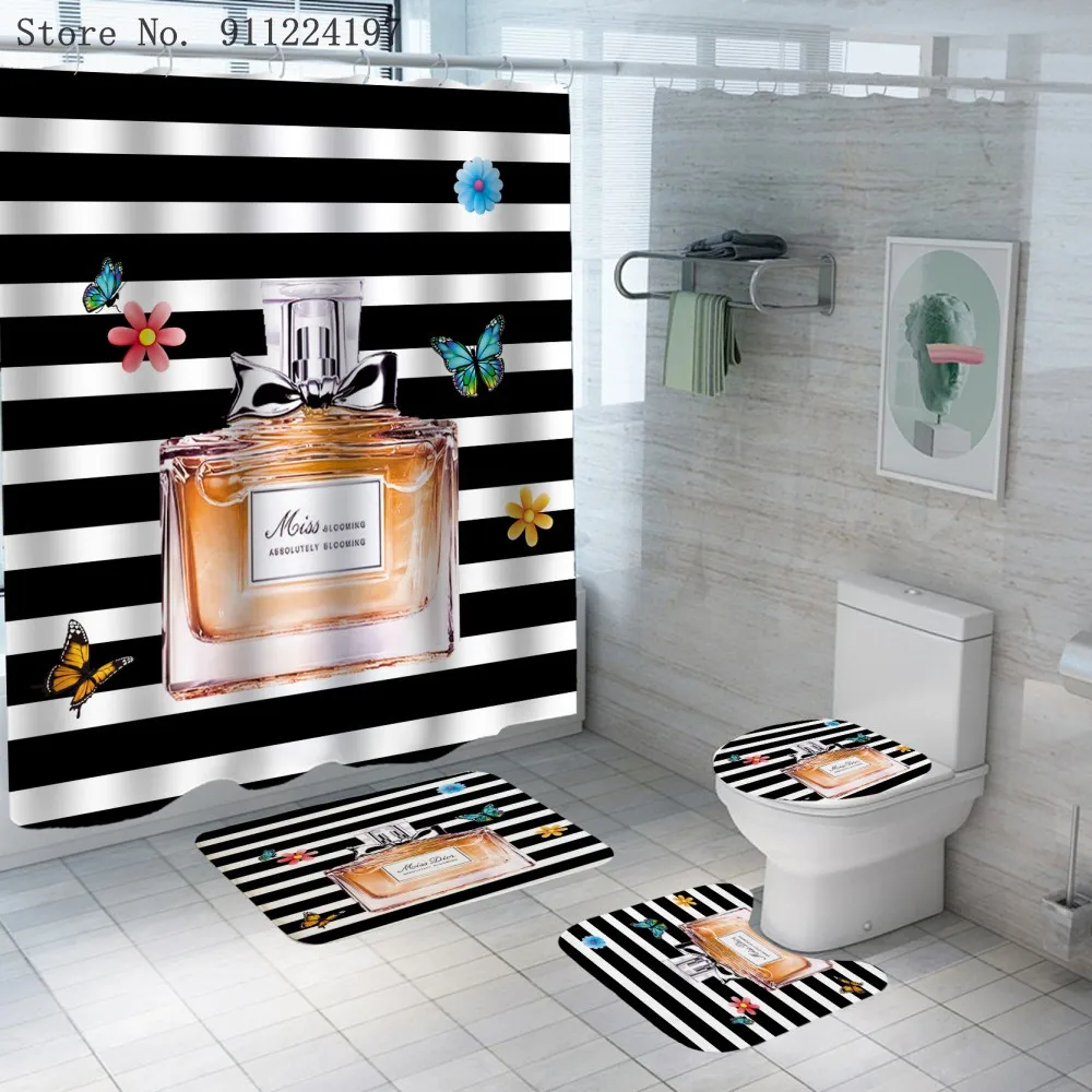 perfume bathroom decoration set black and white striped shower curtain quick dry carpet toilet mat set butterfly flower mats free global shipping