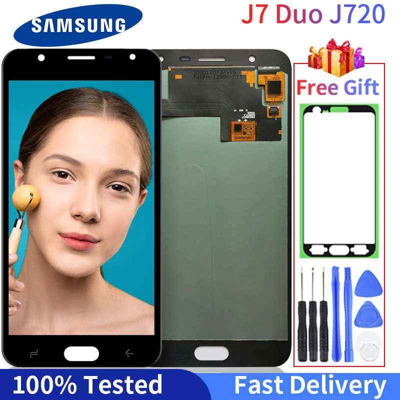 

100% протестированный ЖК-дисплей SUPER AMOLED J720 для SAMSUNG Galaxy J7 Duo 2018 J720F ЖК-дисплей сенсорный экран дигитайзер в сборе с подарком