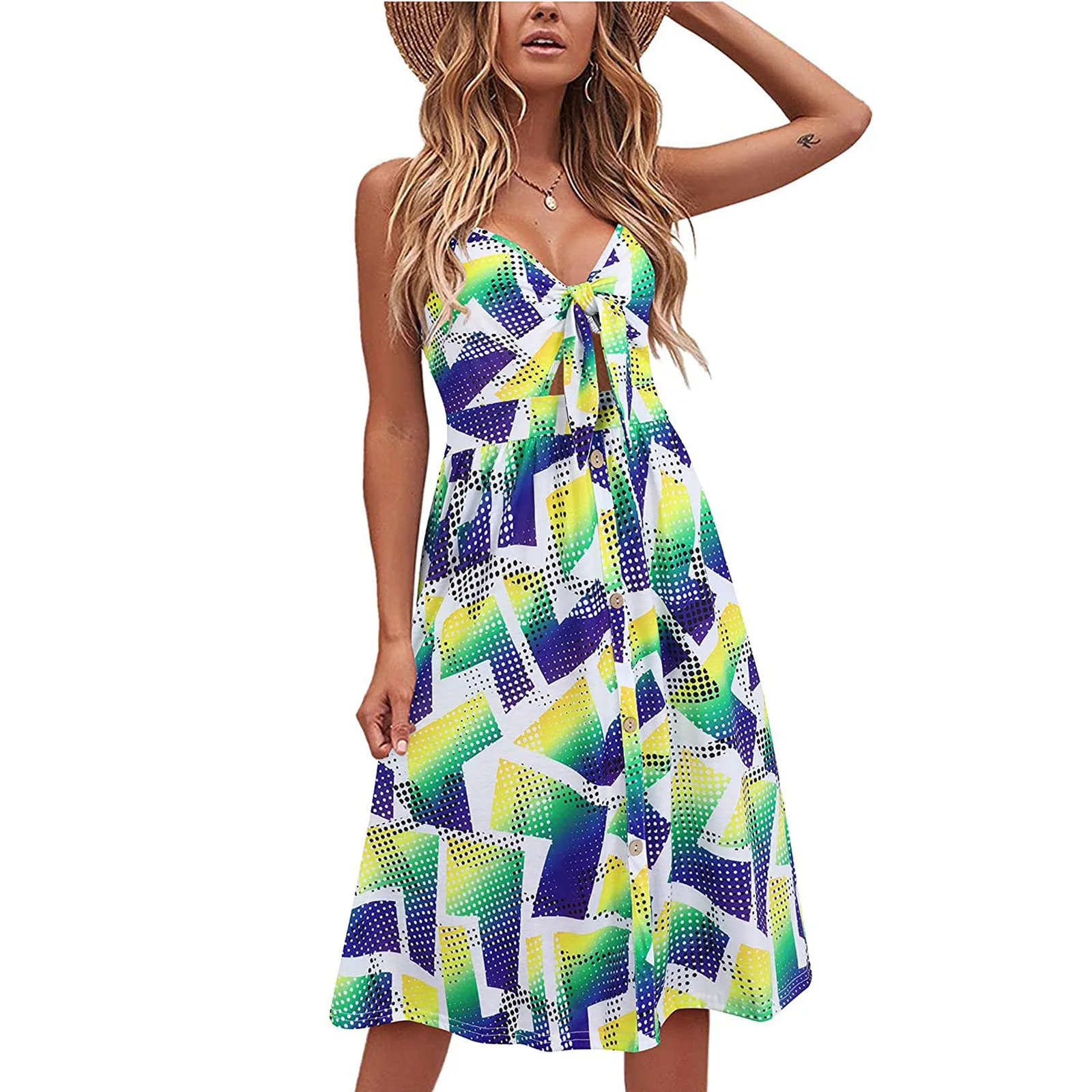 

Fashion Printed Dress Woman Elegant Summer Spaghetti Strap Dress Sleeveless Casual V Neck Dress
