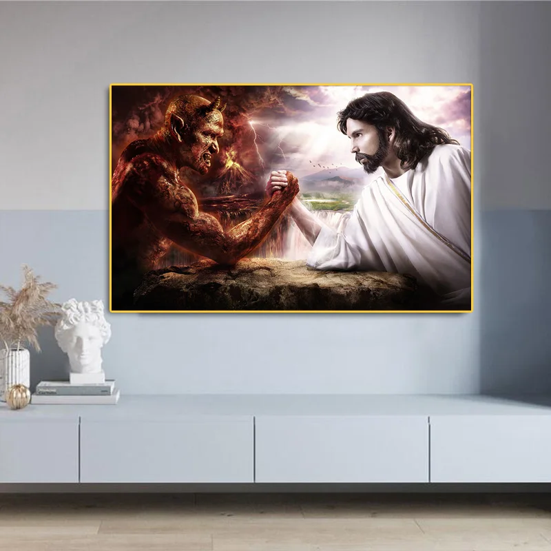 Картина на холсте с изображением бога Иисуса против Сатаны