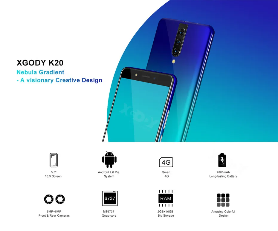 XGODY 4G Dual Sim смартфон Android 9,0 5," 18:9 HD полный экран 2 Гб 16 Гб MTK6737 четырехъядерный 5 Мп камера 2800 мАч мобильный телефон K20