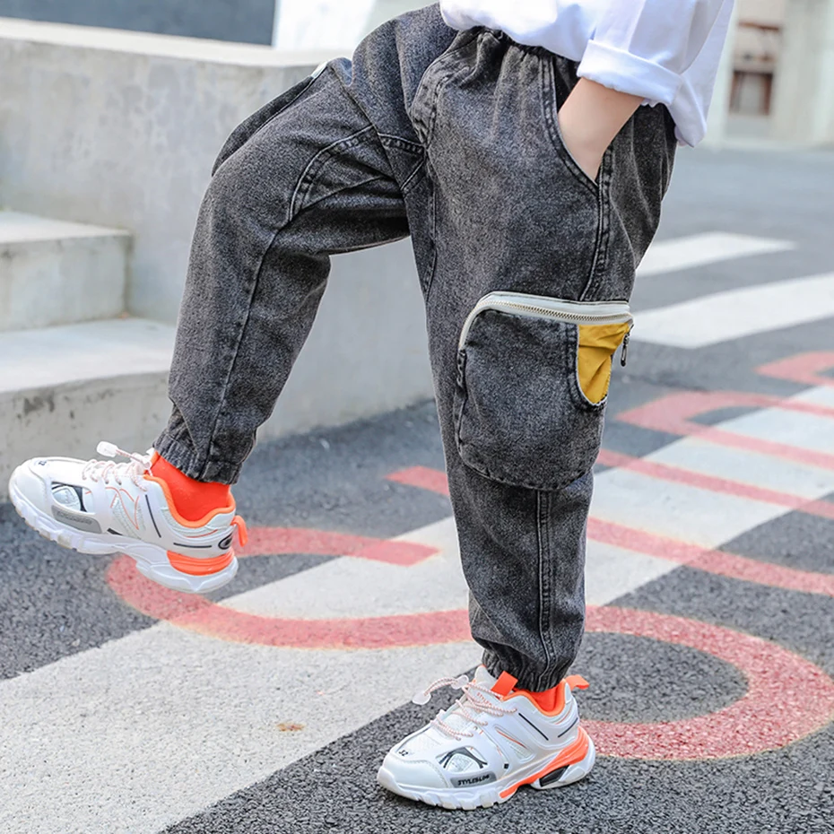 Джинсы для мальчиков детские джинсы в стиле пэчворк с карманами брюки карго