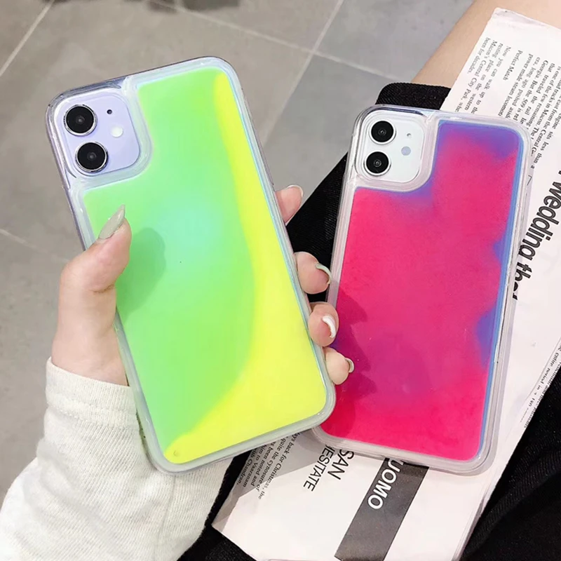 Светящийся неоновый чехол для телефона iPhone 12 Pro 11 X XR XS Max 8 7 Plus в темноте с жидкими