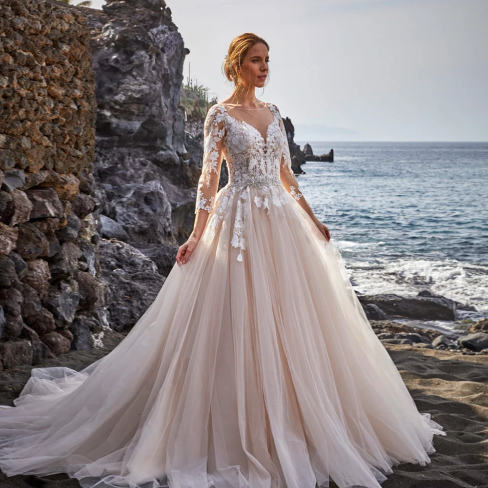

Beach Wedding Dresses 3/4 Sleeves A Line Bohemian Lace Sheer Back Bridal Gowns Floor Length White Ivory