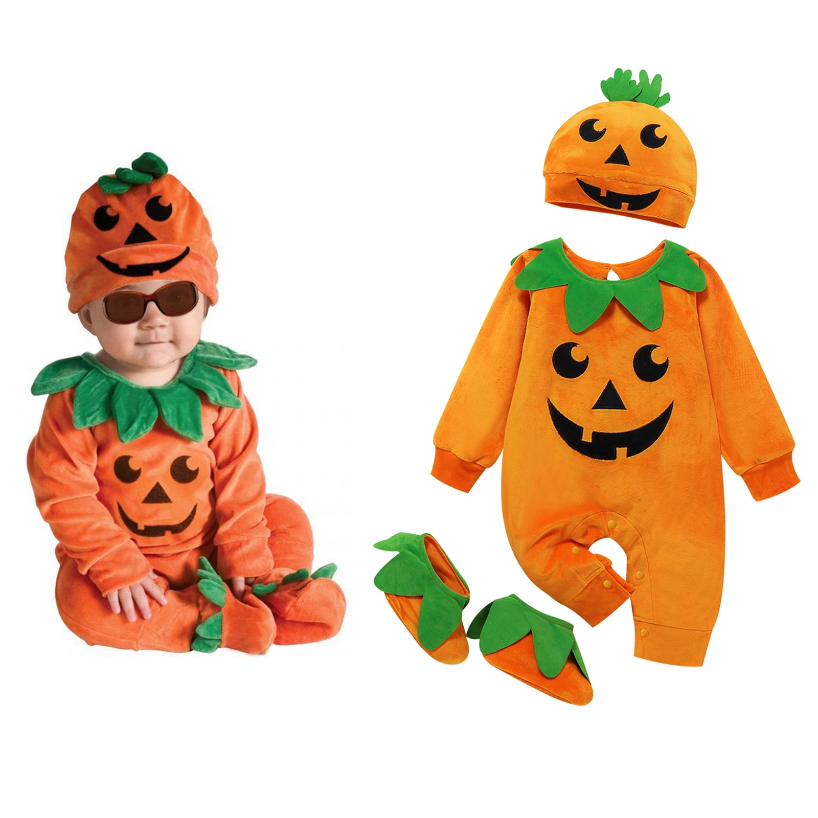 Ma&Baby 0-24M Newborn Infant Baby Boy Girl Halloween Costume Pumpkin Baby Romper Velvet Jumpsuit Hat Shoes Outfits Clothing DD40