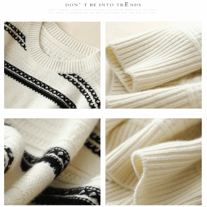 

High Quality Spring Autumn Winter Black And White Stitching Cashmere Wool Women Female Sweater Pullover Loose Warm Thick Casual