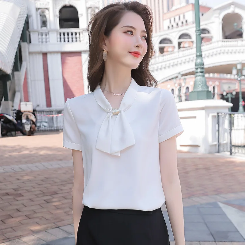 

Белая рубашка с коротким рукавом, женская дизайнерская нишевая рубашка Sense 2021, новая летняя модная темпераментная деловая шифоновая рубашк...
