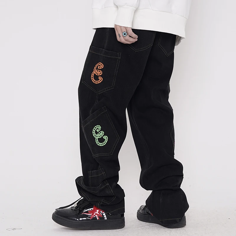 Retro Pocket Letter Print Straight Cargo Pants Men and Women Oversize Jeans Trousers Harajuku Streetwear Casual Denim Pants