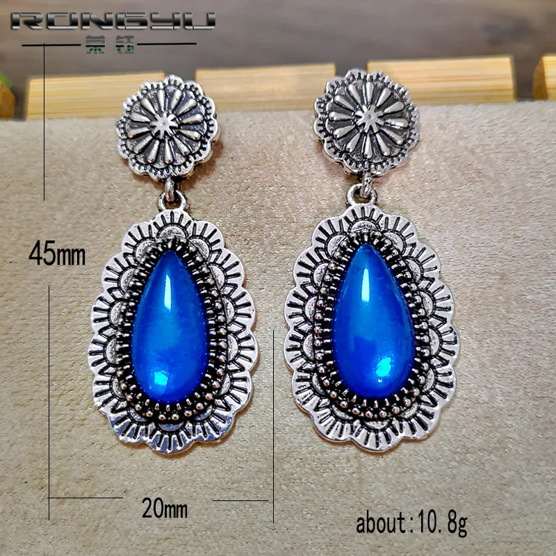 

New plating ancient silver earrings luxury retro inlaid water drop shaped imitation red sapphire exaggerated earrings